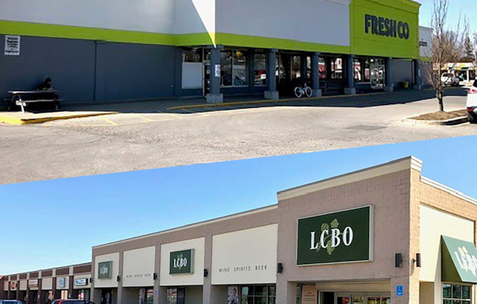 Split image of retail buildings at 1010 Talbot Street in St. Thomas, Ontario