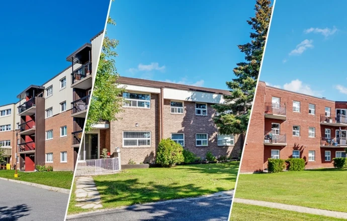 A collage of three apartment buildings