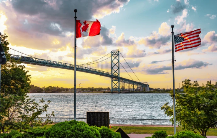 An image of the Ambassador Bridge connecting the Canadian and US borders.